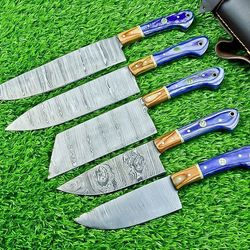 master chef damascus steel knife set | handmade 5-piece hardwood handles