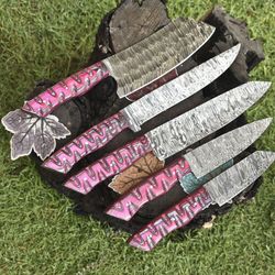 forged chef knife twist damascus steel set | lot of 5 hardwood handle knives for camping & bushcraft