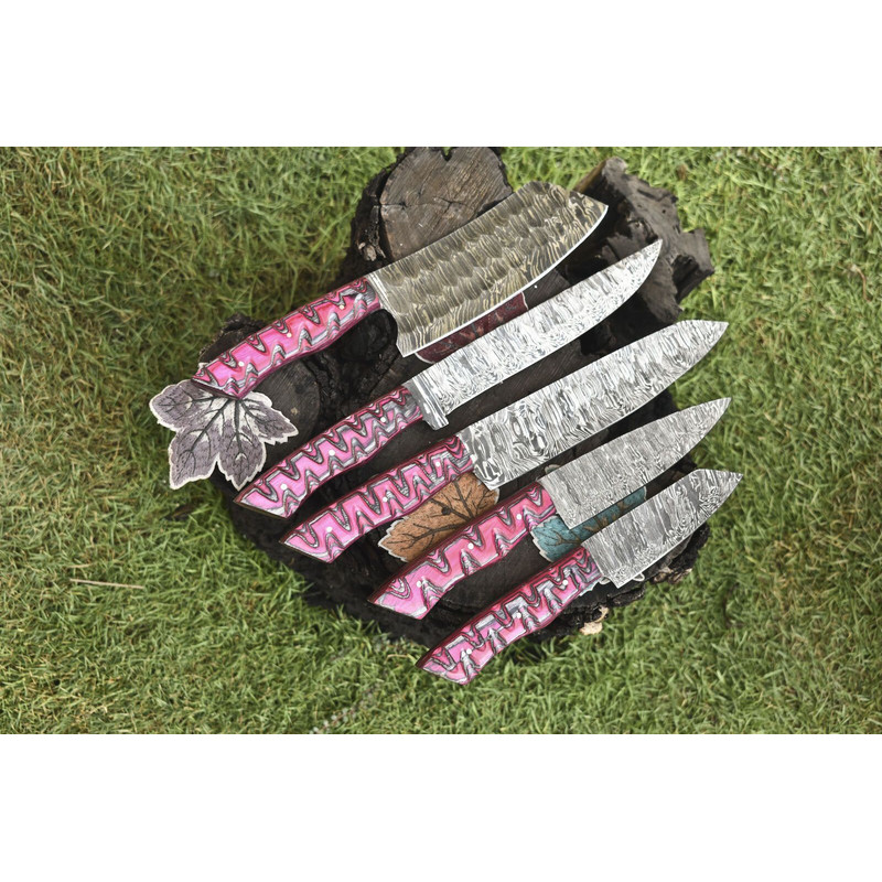 Forged Chef Knife Twist Damascus Steel Set Lot Of 5 Hardwood Handle Knives For Camping Bushcraft 0