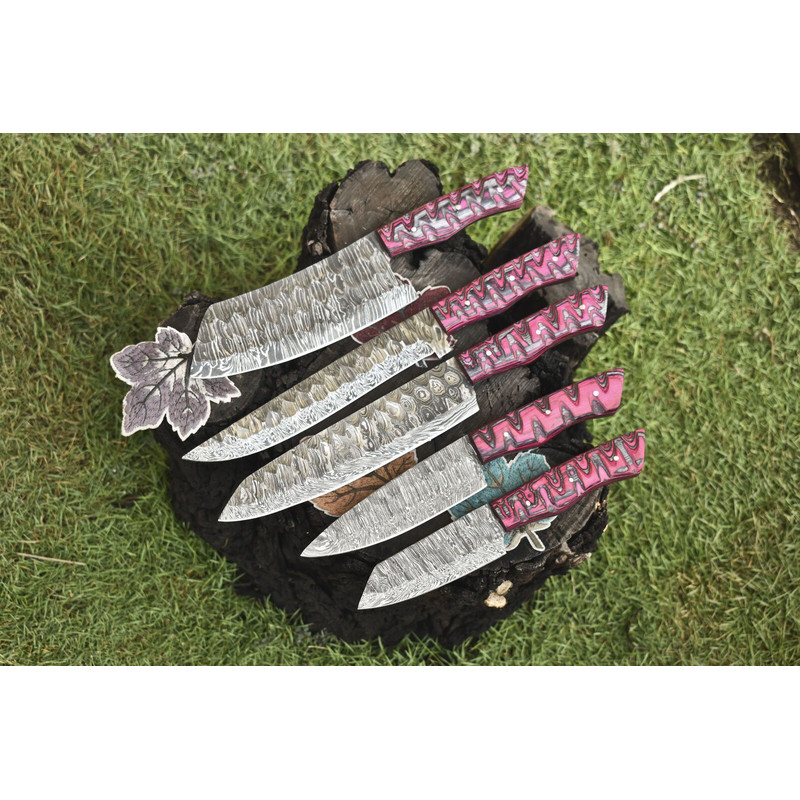 Forged Chef Knife Twist Damascus Steel Set Lot Of 5 Hardwood Handle Knives For Camping Bushcraft 2