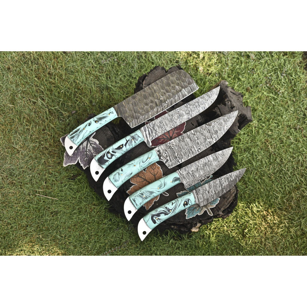 Professional 5Piece Twist Damascus Chef Knife Bundle Handmade Hardwood Handles 2