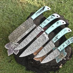 professional 5-piece twist damascus chef knife bundle | handmade hardwood handles