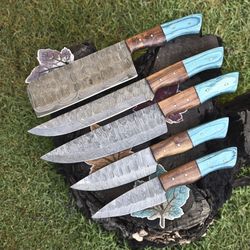 camping & kitchen twist damascus knives | 5-piece forged hardwood handle set