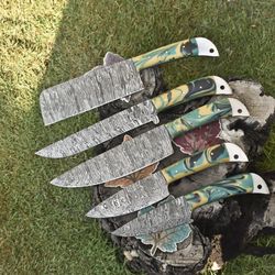 heritage twist damascus steel knife set | lot of 5 chef knives with hardwood handles