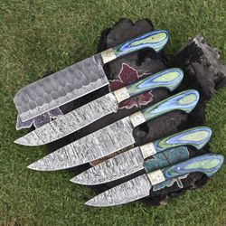 bushcraft damascus knife collection | lot of 5 twist pattern chef knives