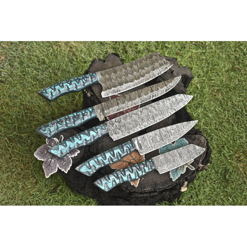 Forged Damascus Steel Chef Knives 5Piece Twist Pattern Hardwood Set 2