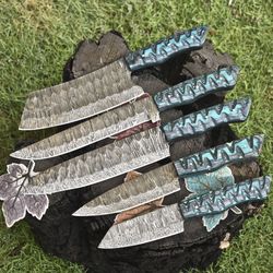 forged damascus steel chef knives | 5-piece twist pattern hardwood set