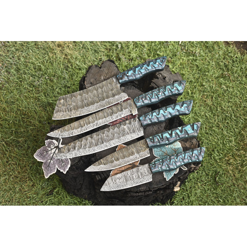 Forged Damascus Steel Chef Knives 5Piece Twist Pattern Hardwood Set 0