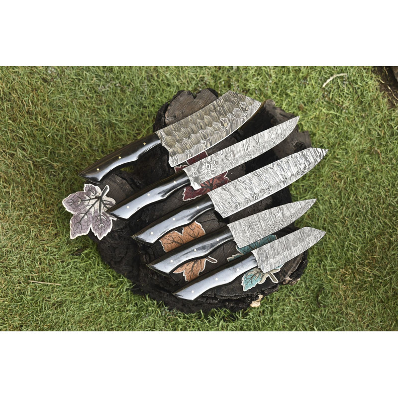 Outdoor Bushcraft Chef Knife Set 5 Forged Twist Damascus Hardwood Knives 2