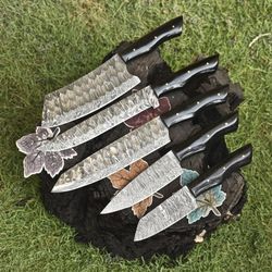 outdoor bushcraft chef knife set | 5 forged twist damascus hardwood knives