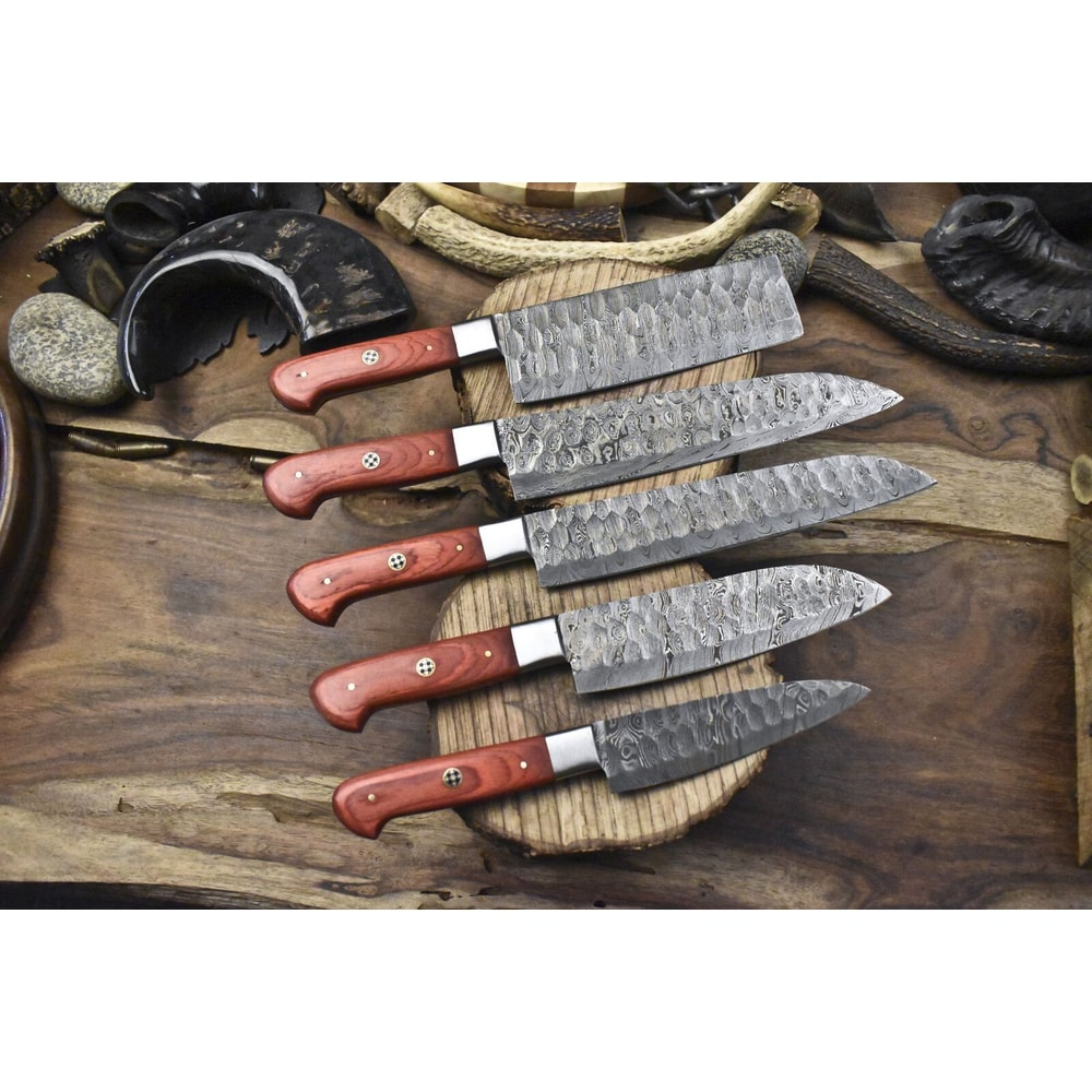 Custom Made 5Piece Twist Damascus Chef Knives Forged Full Tang Hardwood 2