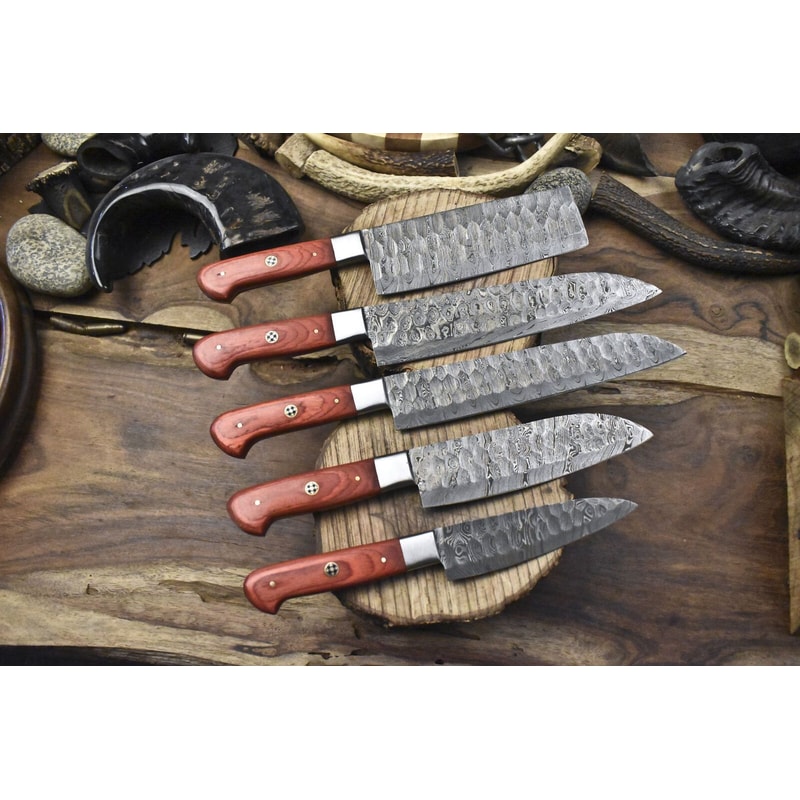 Custom Made 5Piece Twist Damascus Chef Knives Forged Full Tang Hardwood 2
