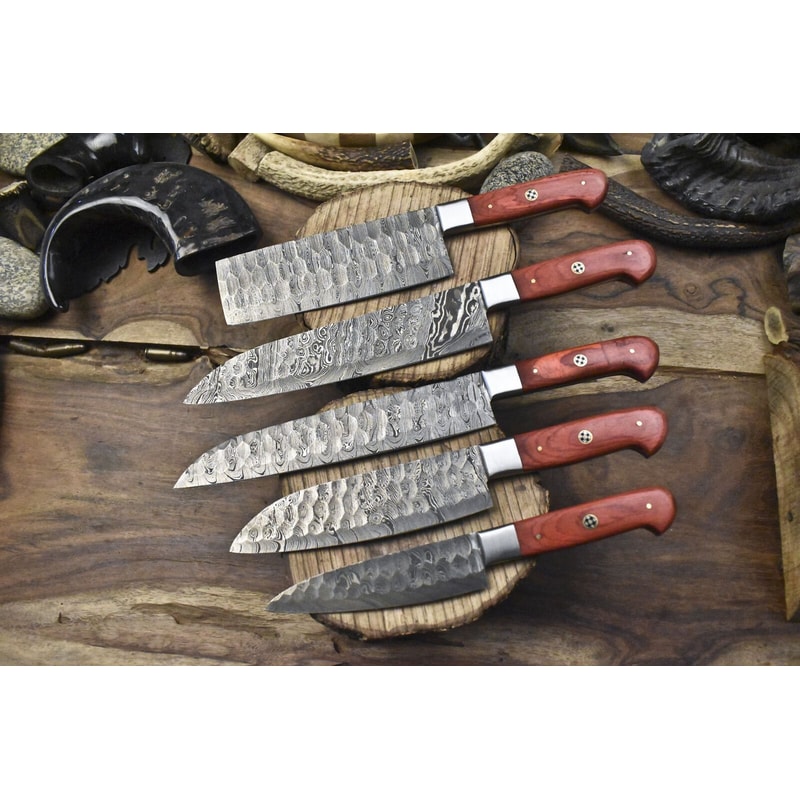 Custom Made 5Piece Twist Damascus Chef Knives Forged Full Tang Hardwood 0