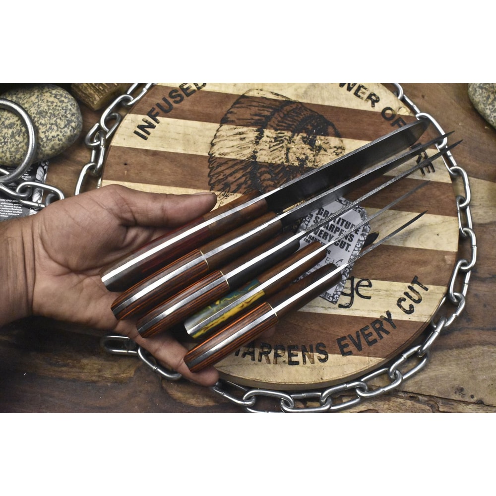 Lot Of 5 Unique Twist Damascus Steel Knives Hardwood Handle EDC Chef Set 1