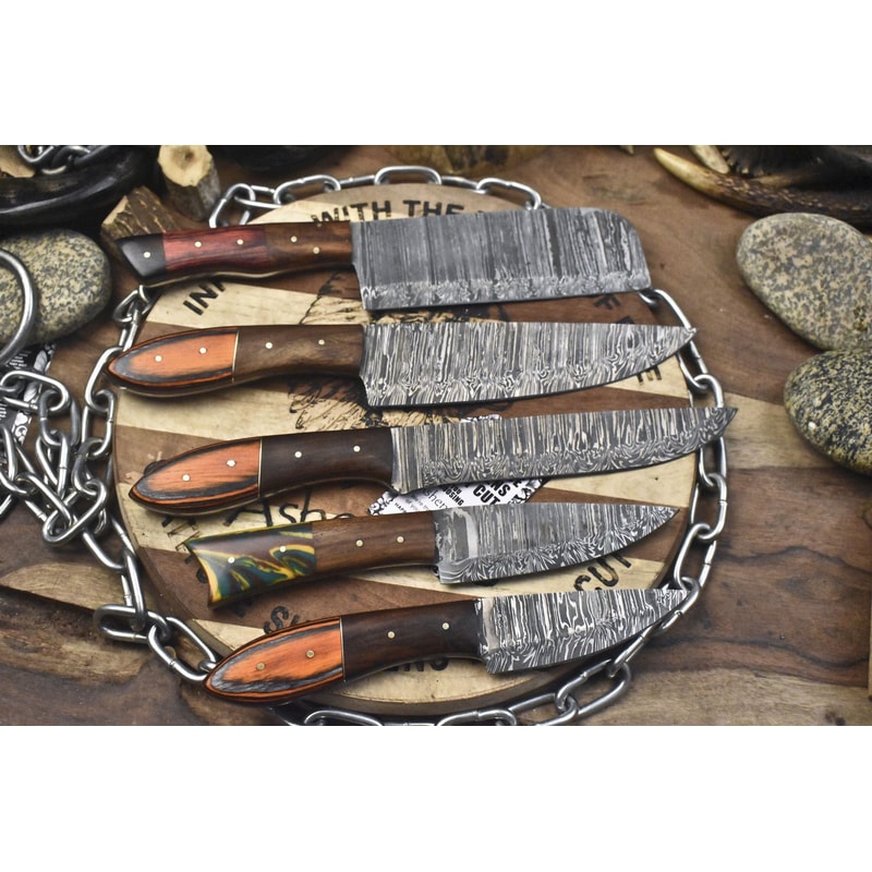 Lot Of 5 Unique Twist Damascus Steel Knives Hardwood Handle EDC Chef Set 2
