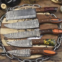 lot of 5 unique twist damascus steel knives | hardwood handle edc chef set