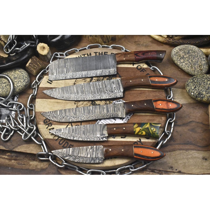 Lot Of 5 Unique Twist Damascus Steel Knives Hardwood Handle EDC Chef Set 0