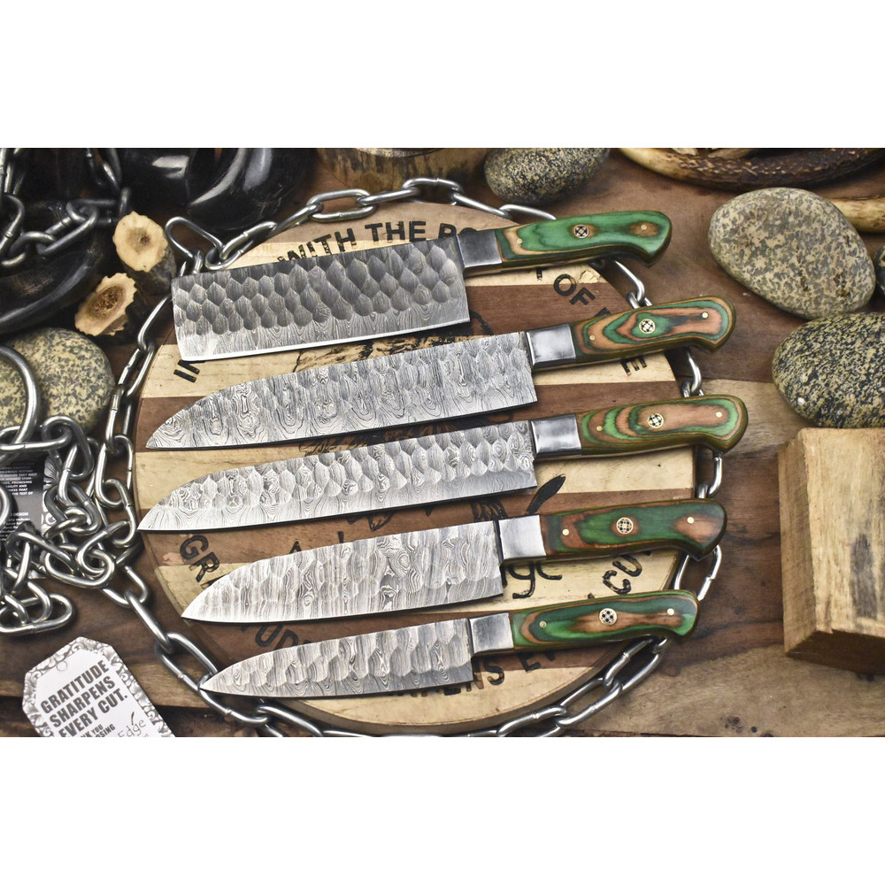 Premium Twist Damascus Kitchen Knives Handmade Lot Of 5 Collectible Blades 1