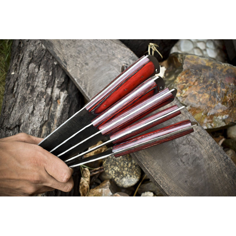 Collectors Lot Of 5 Twist Damascus Knives Hardwood Handle Kitchen EDC Set 1