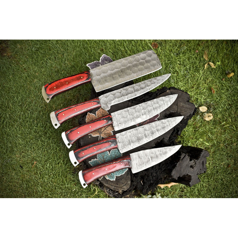 Collectors Lot Of 5 Twist Damascus Knives Hardwood Handle Kitchen EDC Set 2