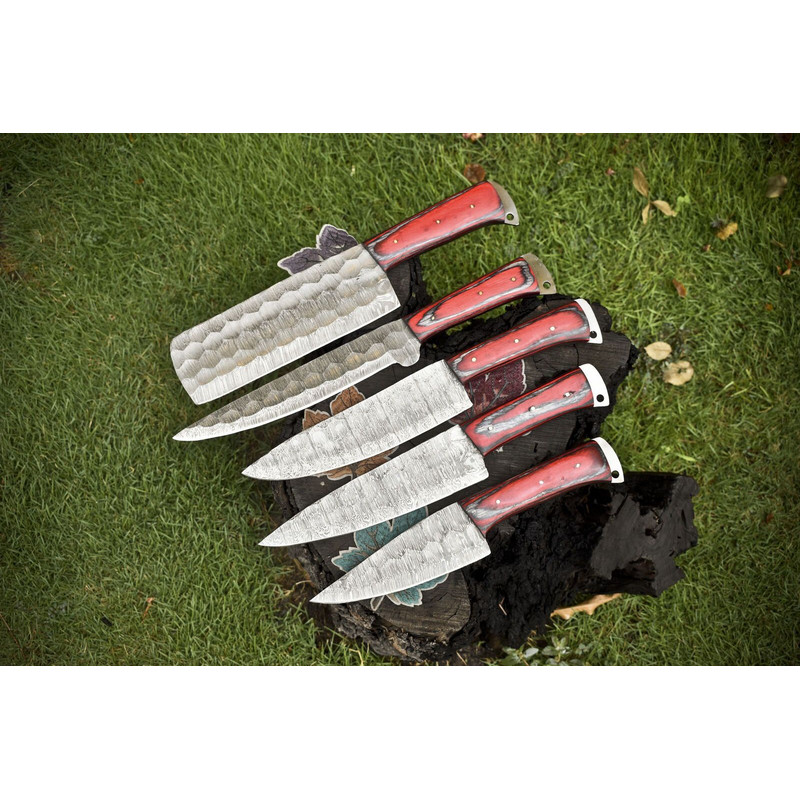 Collectors Lot Of 5 Twist Damascus Knives Hardwood Handle Kitchen EDC Set 0