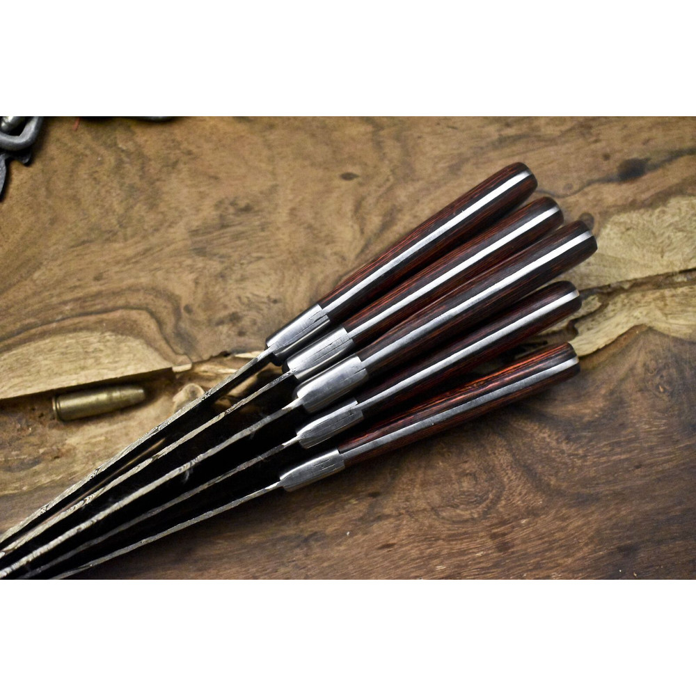 Lot Of 5 Damascus Twist Steel Knives Walnut Handle Full Tang Chef Blades 1