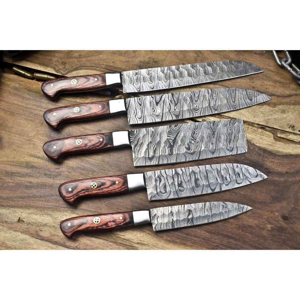 Lot Of 5 Damascus Twist Steel Knives Walnut Handle Full Tang Chef Blades 2