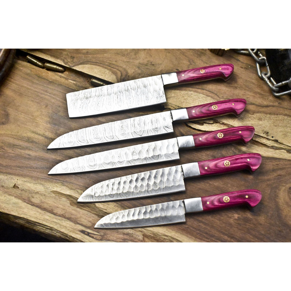 Handcrafted Twist Damascus Steel Knives 5Piece Walnut Wood Chef Set 0