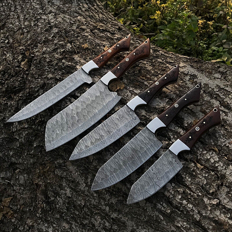 5pcs Handmade Damascus Steel Chef Knife Set Forged Kitchen Knives Custom Full Tang Culinary Tools 0