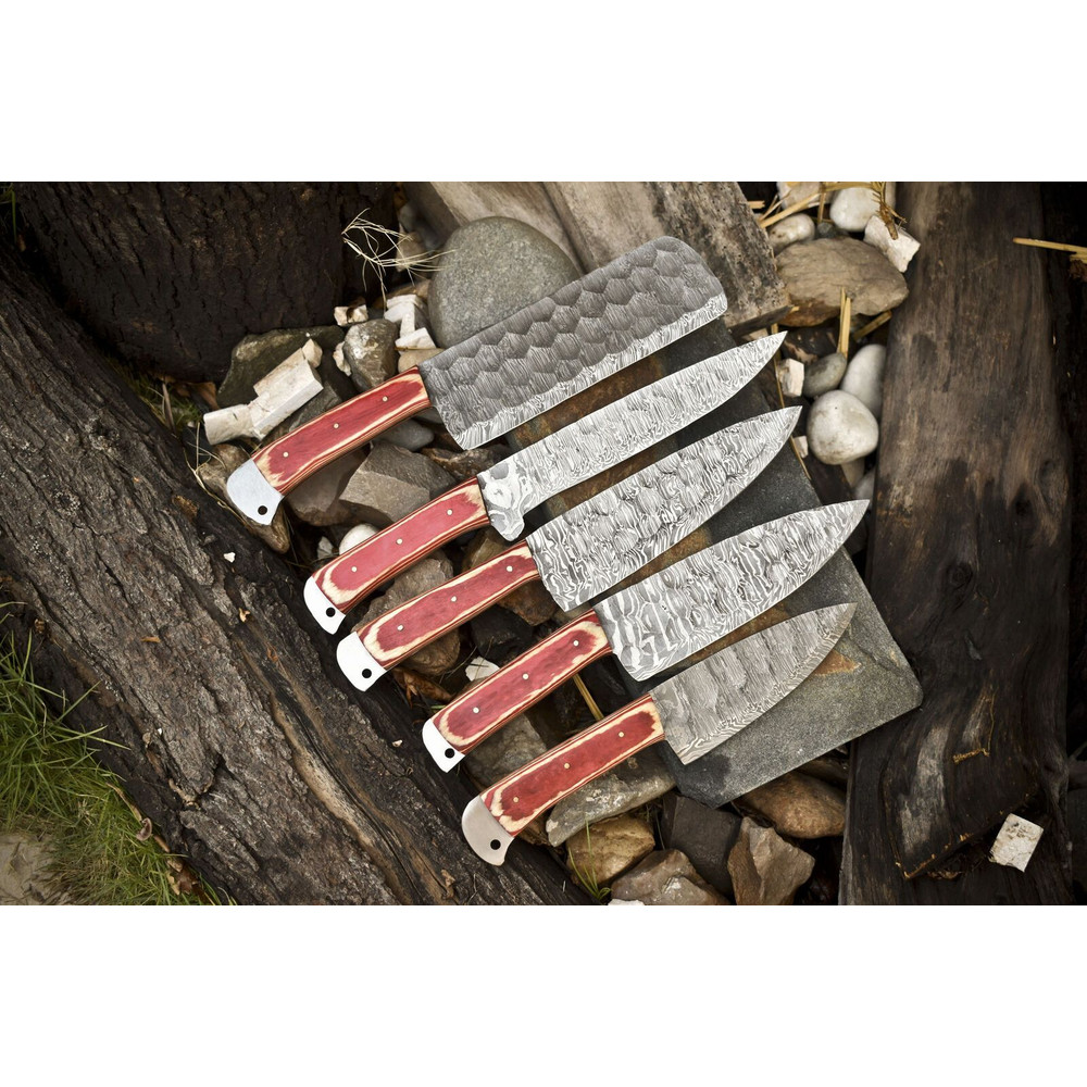 5pcs Damascus Steel Forged Kitchen Knife Set Custom Handmade Chef Knives 1