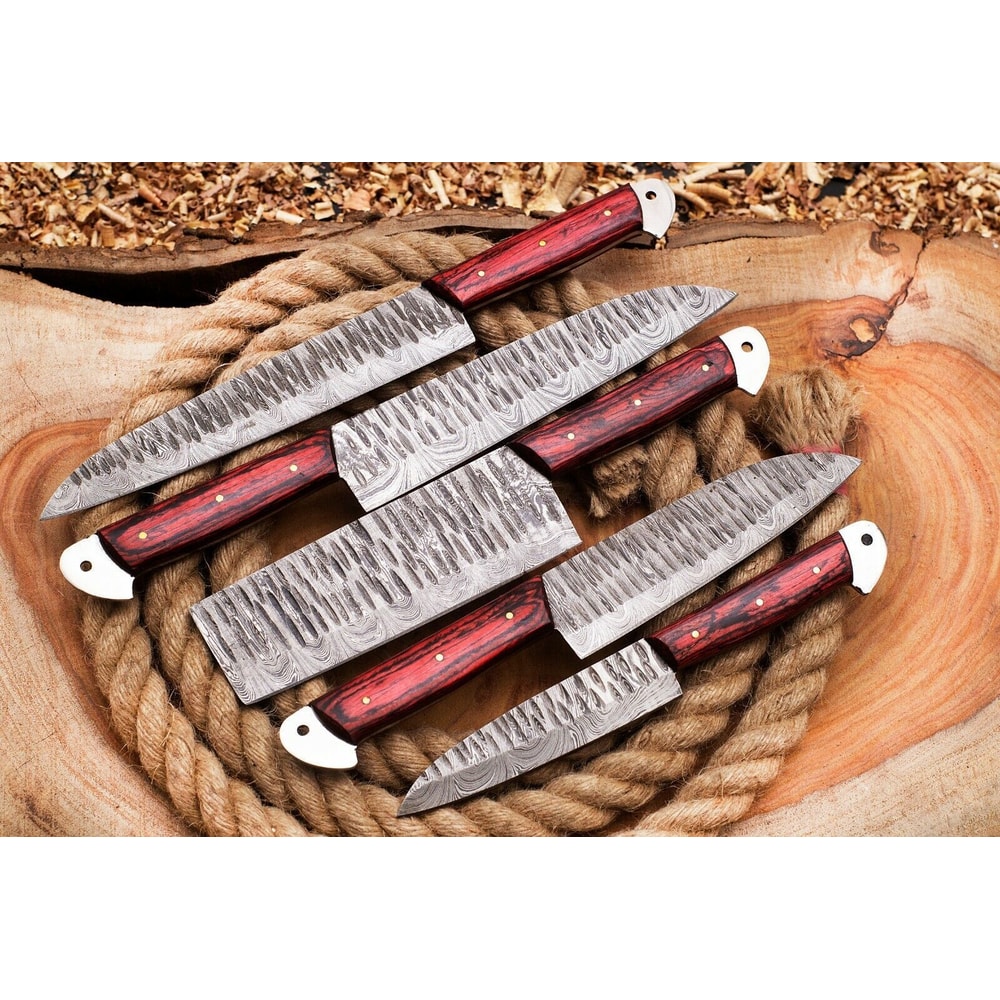 Forged 5 Piece Damascus Chef Knife Set Full Tang Handmade Kitchen Blades 1