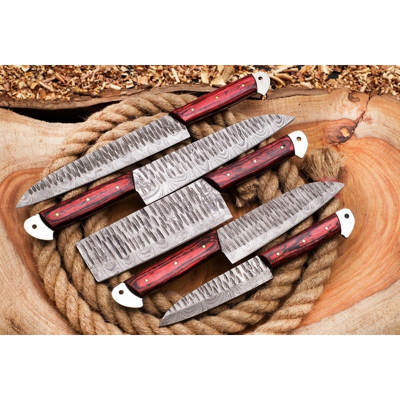 Forged 5 Piece Damascus Chef Knife Set Full Tang Handmade Kitchen Blades 1