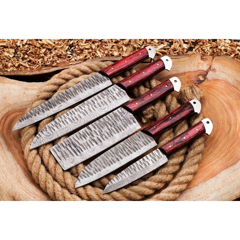 Forged 5 Piece Damascus Chef Knife Set Full Tang Handmade Kitchen Blades 3