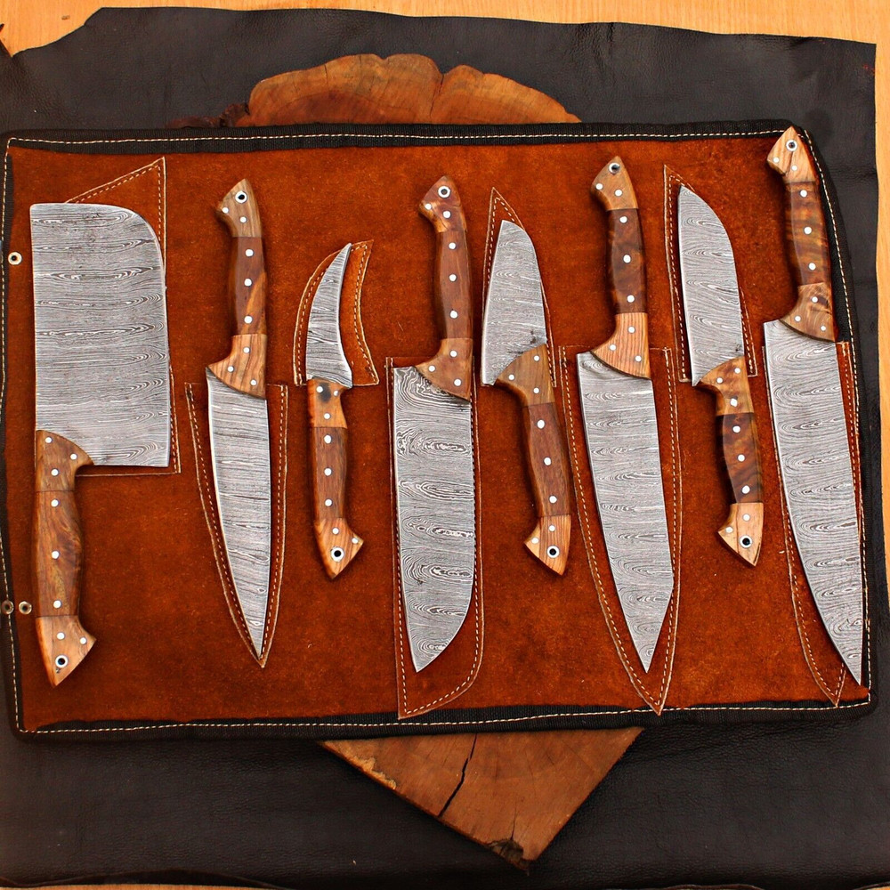 8 Pcs Handmade Damascus Chef Knife Set Forged Steel Kitchen Cutlery Collection 3