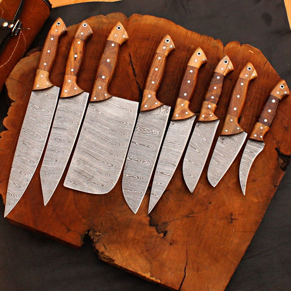 8 Pcs Handmade Damascus Chef Knife Set Forged Steel Kitchen Cutlery Collection 0