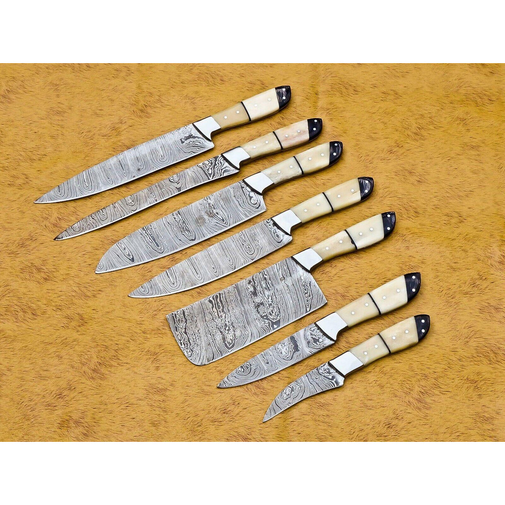 Handmade Damascus Steel 7pcs Professional Chef Knife Set With Leather Bag Kitchen Culinary Knives 0