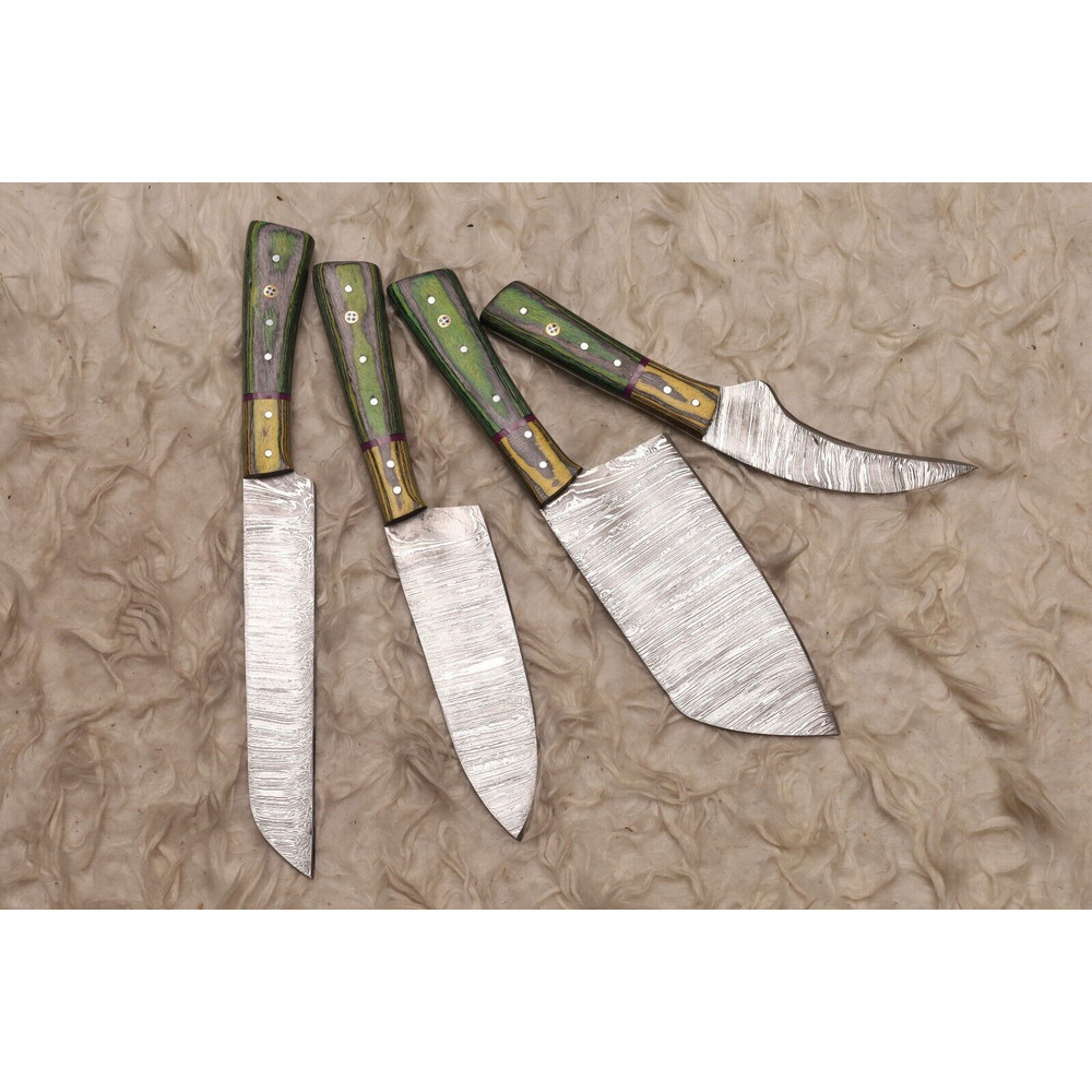 4pc Damascus Steel Chef Knife Bundle Wood Handle Handmade Set 2