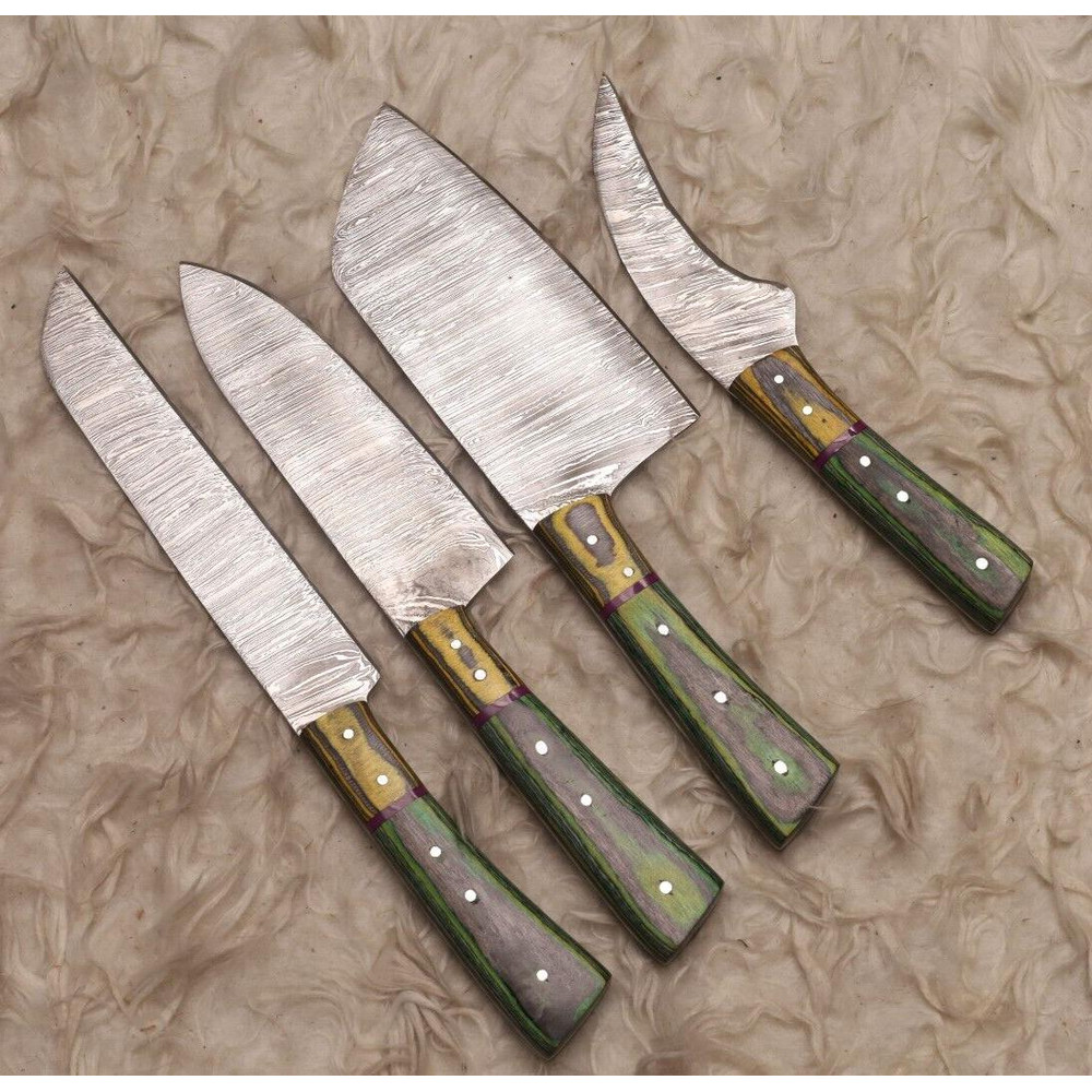 4pc Damascus Steel Chef Knife Bundle Wood Handle Handmade Set 0