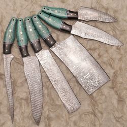 professional damascus chef knife set of 6 | engraved bone handle kitchen knives