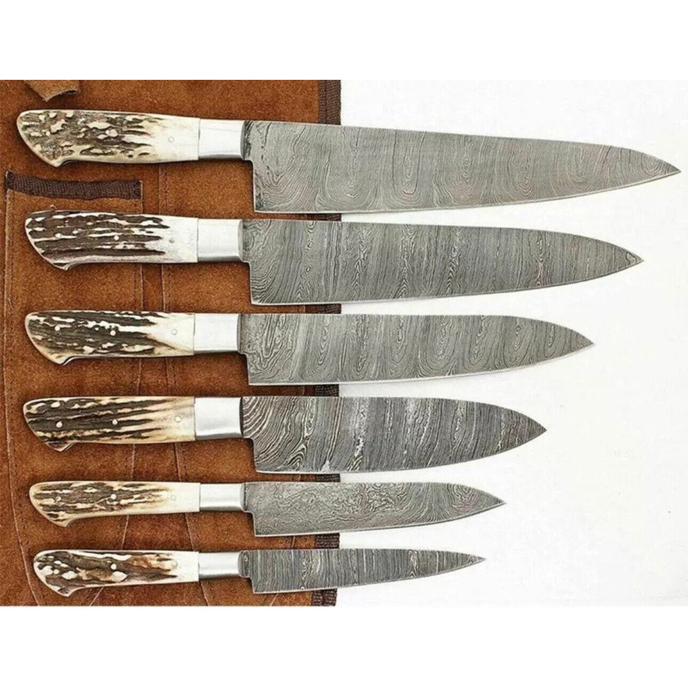 Premium Damascus Steel 6pcs Chef Knife Collection With Leather Carry Bag 1