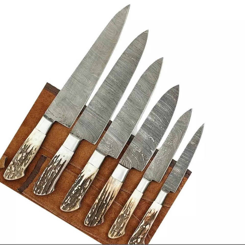 Premium Damascus Steel 6pcs Chef Knife Collection With Leather Carry Bag 0