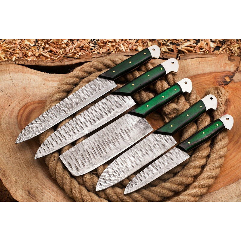 Custom Handmade Hand Forged Damascus Steel Chef Knife Set Black Green Paka Wood Handles Professi 0
