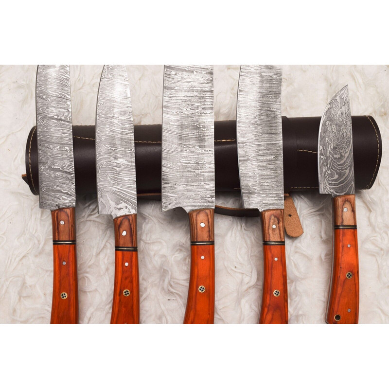 5 Pcs Custom Handmade Damascus Steel Chef Knife Set Wood Handle Professional Kitchen Knives 1