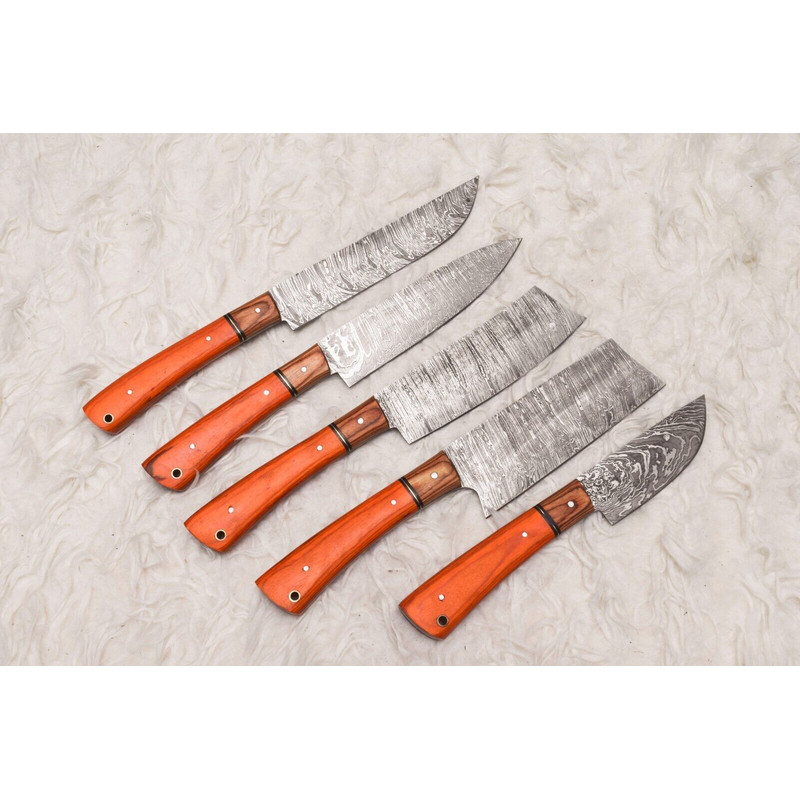 5 Pcs Custom Handmade Damascus Steel Chef Knife Set Wood Handle Professional Kitchen Knives 3