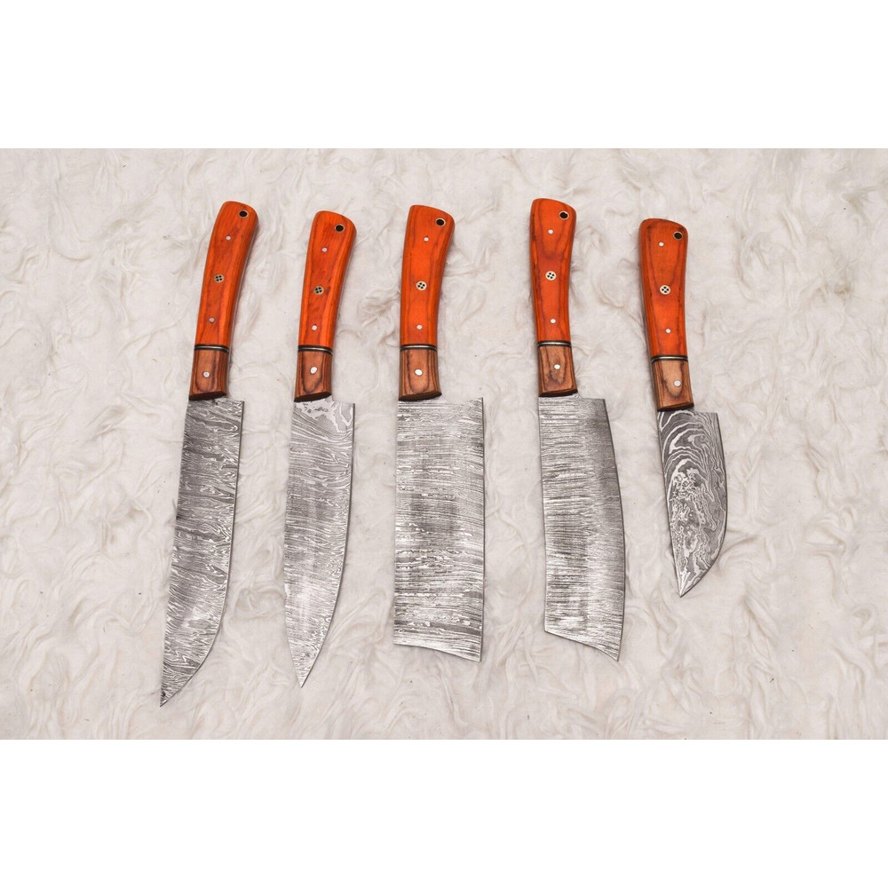 5 Pcs Custom Handmade Damascus Steel Chef Knife Set Wood Handle Professional Kitchen Knives 0
