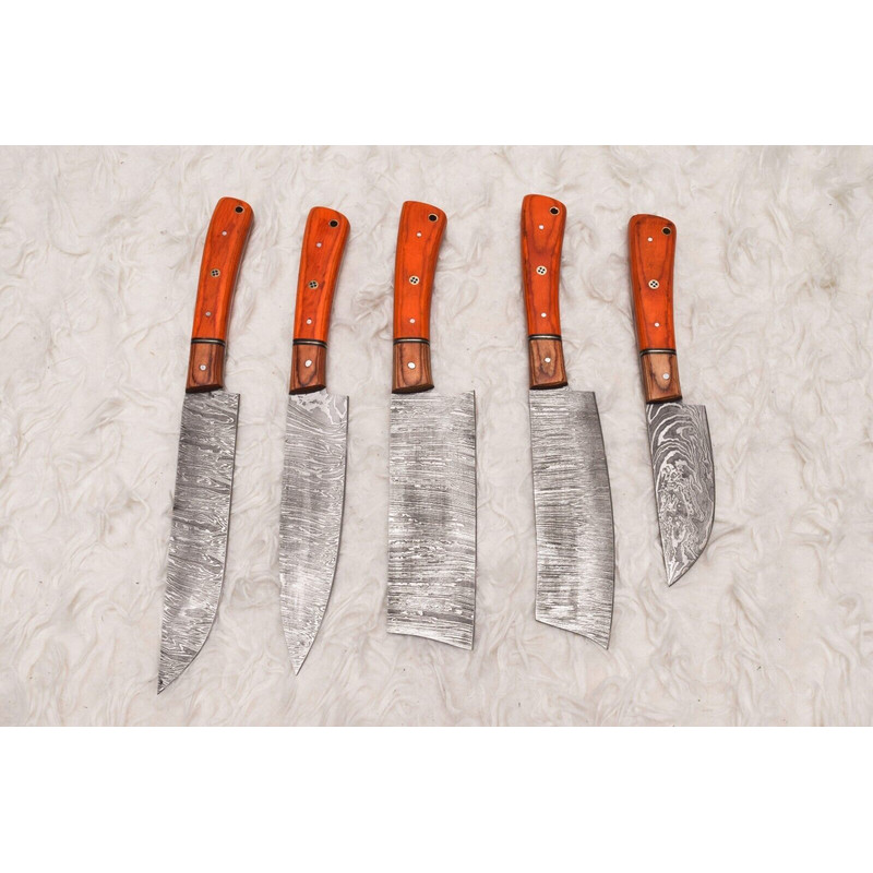 5 Pcs Custom Handmade Damascus Steel Chef Knife Set Wood Handle Professional Kitchen Knives 0