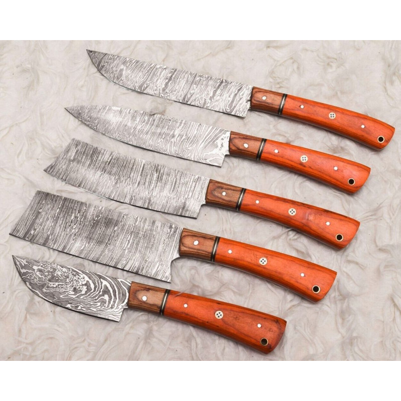5 Pcs Custom Handmade Damascus Steel Chef Knife Set Wood Handle Professional Kitchen Knives 4