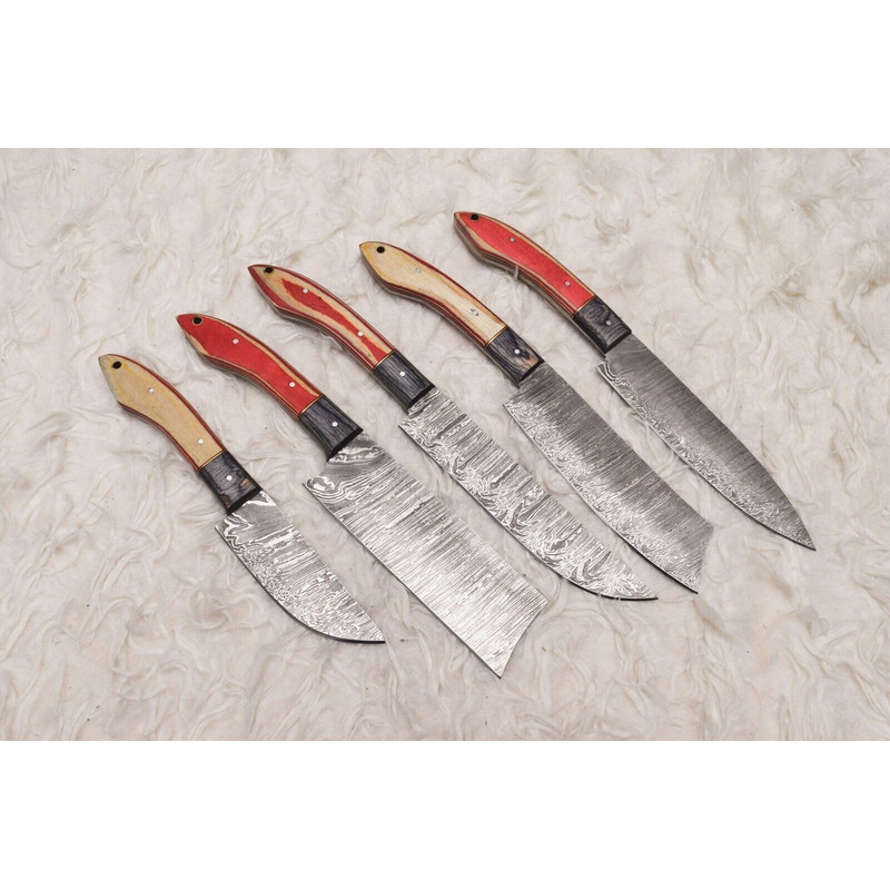 Artisan Handmade Damascus Steel Chef Knife Set Of 5 Wooden Handles 0