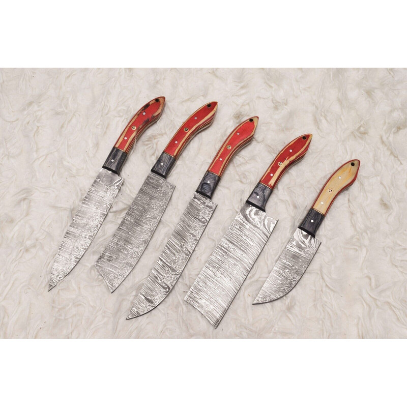 Artisan Handmade Damascus Steel Chef Knife Set Of 5 Wooden Handles 1