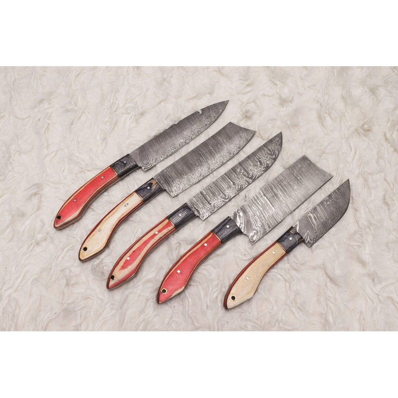 Artisan Handmade Damascus Steel Chef Knife Set Of 5 Wooden Handles 2